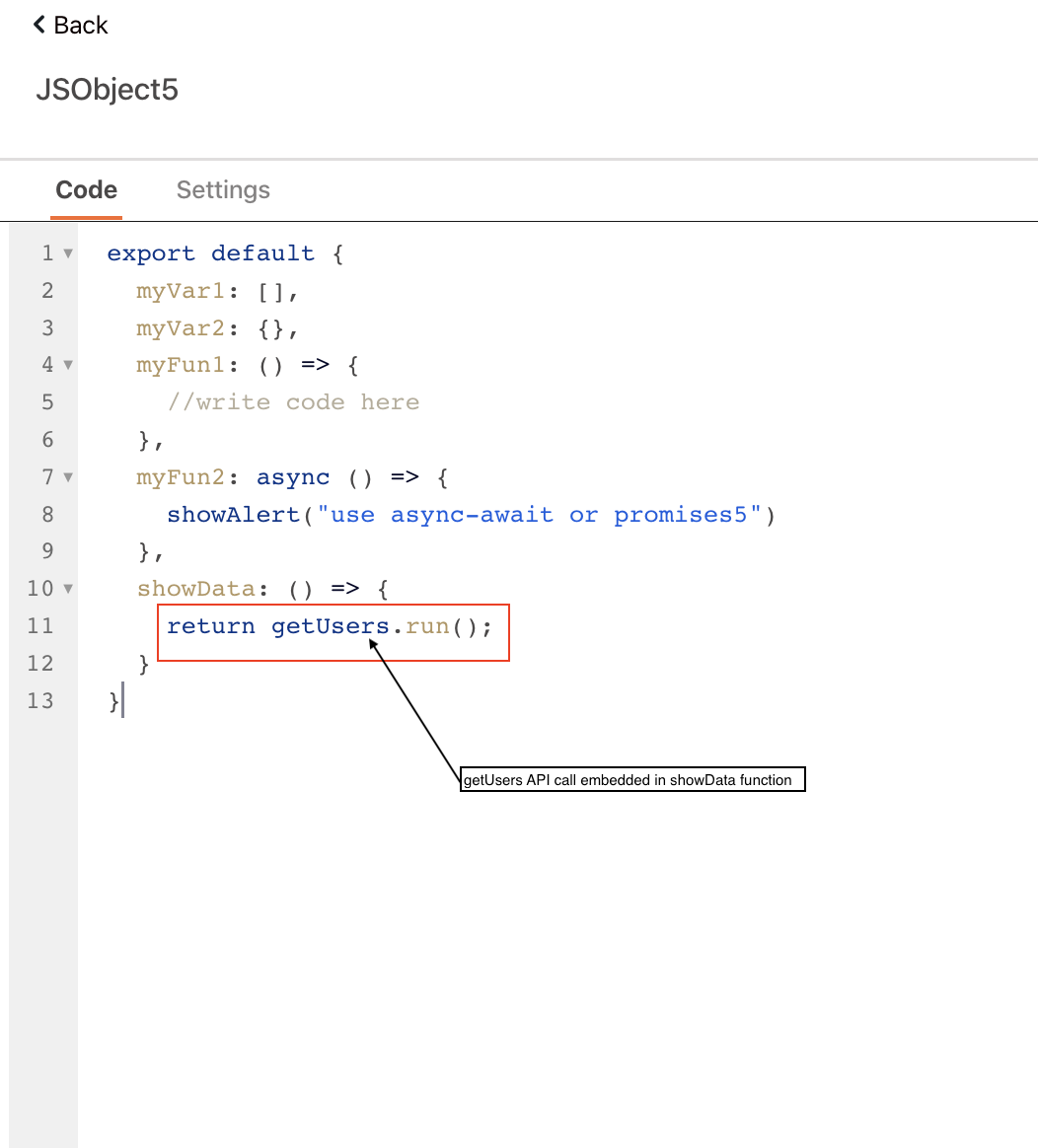 Call a getUsers API in the showData JS function